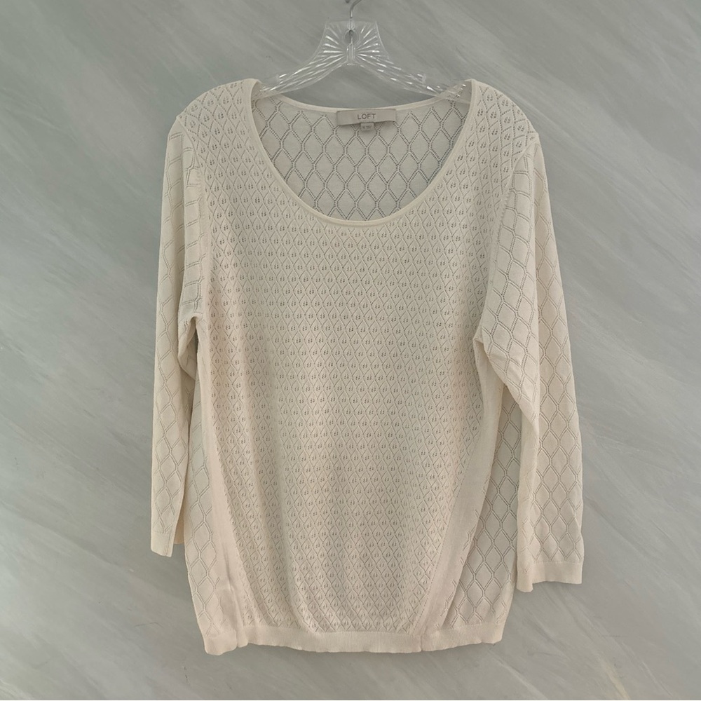 Ann Taylor Loft XL Ivory Round Neck Cutout Designs Long Sleeve Sweater